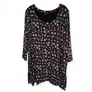 J. JILL Wearever Collection Floral on Black Tunic Top 3/4 Sleeve Sz XL TALL